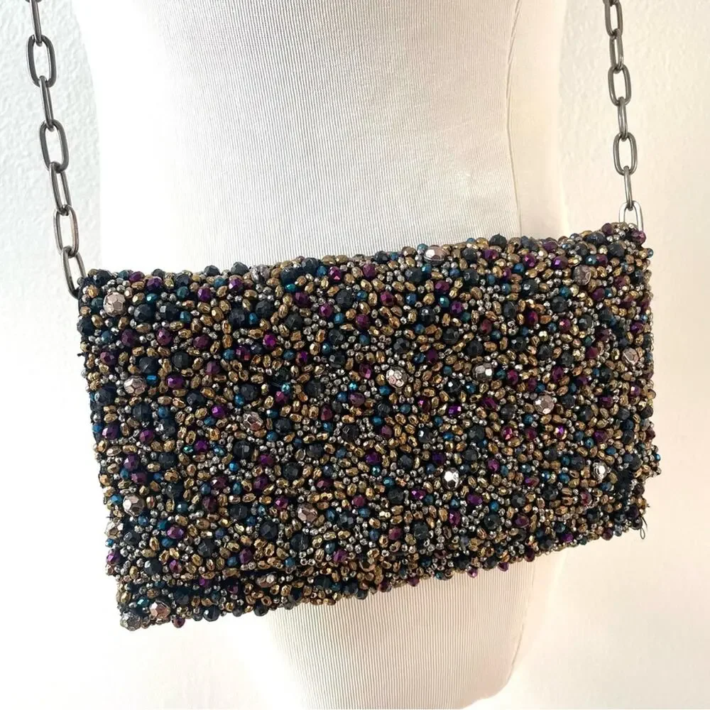 Free People Multicolor Black Beaded Evening Clutch Purse w/ Gunmetal Chain Strap